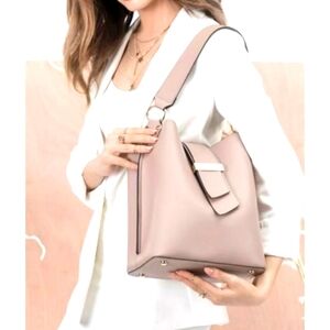 Melie Bianco Alessia rare Rose Pink Faux Vegan Leather Bucket Handbag Purse NWOT